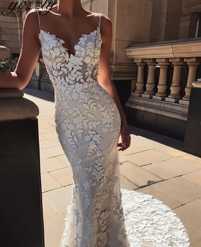 Vestido De Casamento пикантные тонкие бретельки Милая Длинные Кружевные накладные орнаменты Русалка Свадебные платья Плюс Размер Свадебные платья W99