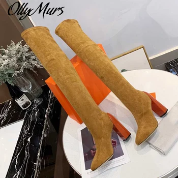 

Brown Slip On Women Long Boots Stratch Over The Knee Boots High Heel Solid Autumn Winter Shoes Genuine Leather Sole Fashion