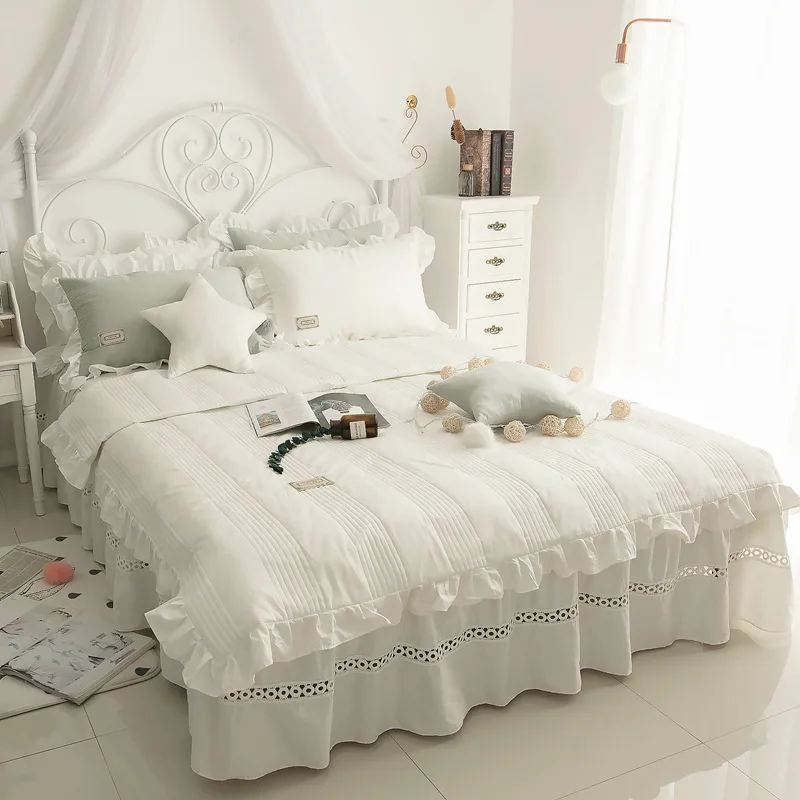 Pure Cotton Bedding Four-piece Bedspread Bed Skirt Korean Style Fresh and Simple Sheets Twin Bedding Set