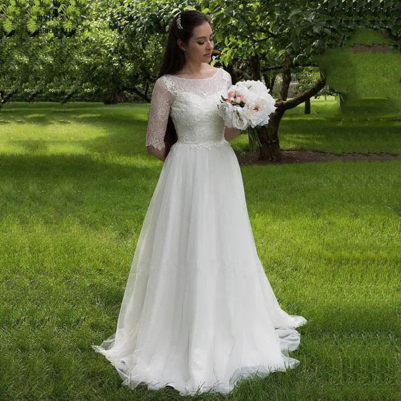 

Simple Elegant Lace Outdooring Wedding Dresses Sheer Neck Tulle Appliques Half Sleeves Sweep Train Customize Bridal Gowns