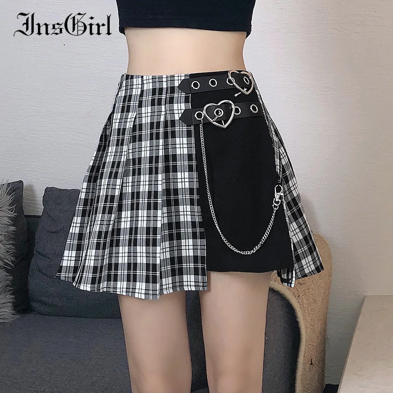 InsGirl Harajuku gótico falda Jk mujeres Punk centro comercial Goth cuadros cintura alta Falda plisada Y2k Emo alternativo hebilla cadena Streetwear
