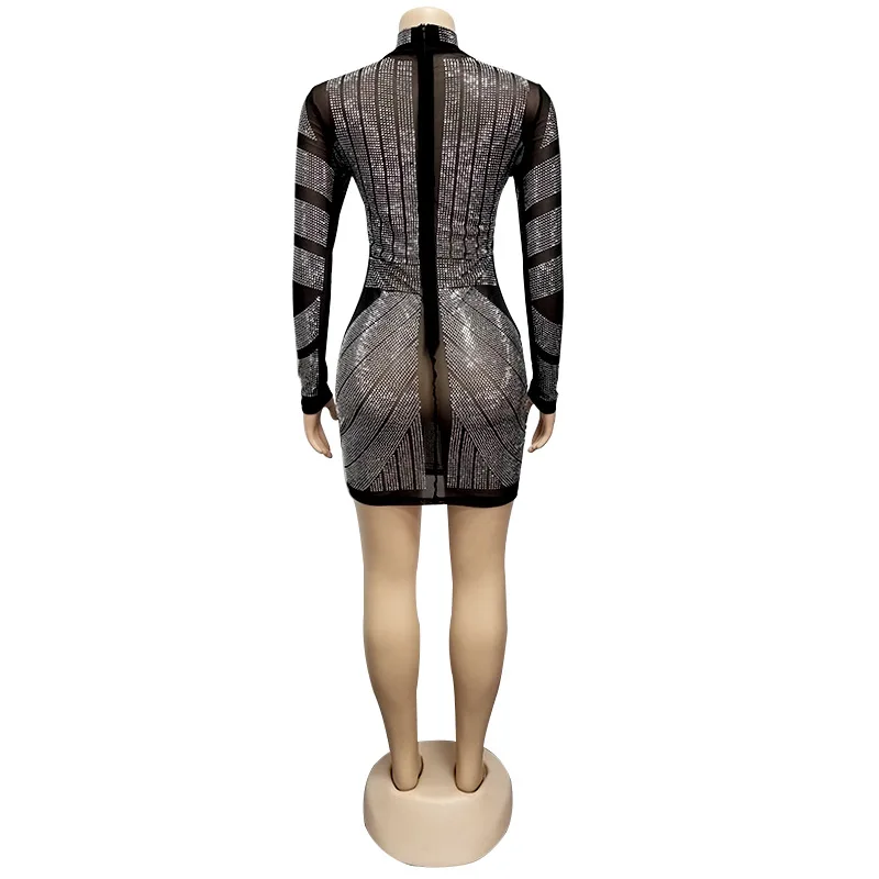 Goedkoop Glitter Strass Sexy Mini Jurk Vrouwen Sheer Mesh Patchwork Lange Mouwen Bodycon Jurk Elegante Vrouwelijke Mock Hals Party Jurken