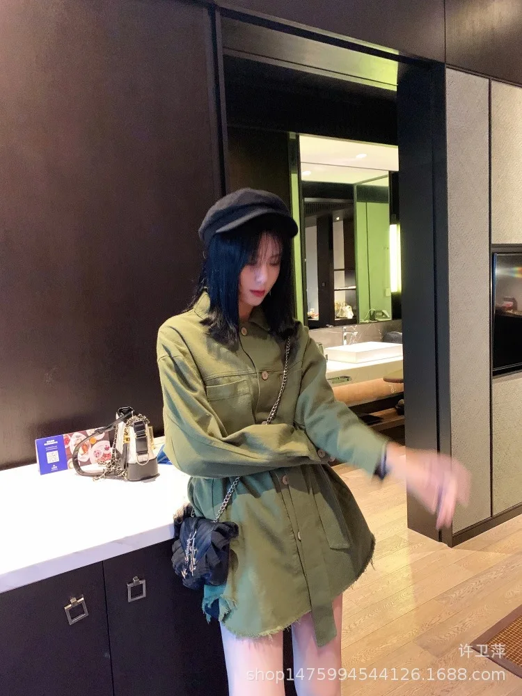 

Early Autumn New Style Korean-style INS Hong Kong Style with Belt Casual Cowboy Army Green Pink Jacket Women's