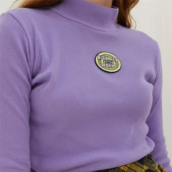 

Bangniweigou Letter Embroidered Turtleneck Long Sleeve Autumn Winter Rib Knit T Shirt Women Casual Cropped Tshirt PurpleTops
