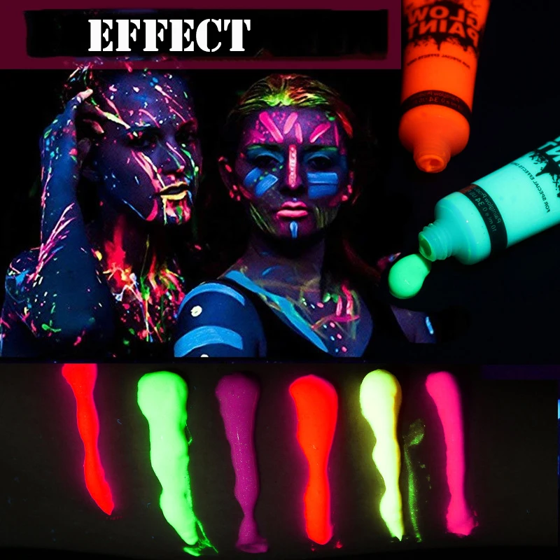 6pcs/Set UV Body Paint Colorful Neon Fluorescent Party Festival Cosplay Makeup Paint Kids Halloween 6 Colors Face Body Painting