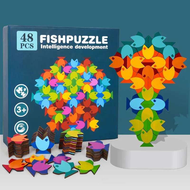 Деревянные 3D пазлы с рыбками Детские Игрушки для раннего обучения красочная