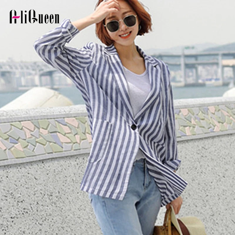 

2020 Autumn Women Stripped Notched Coat Jacket Ladies Casual Blazers One Button Vintage Cotton and Linen Pockets Tops