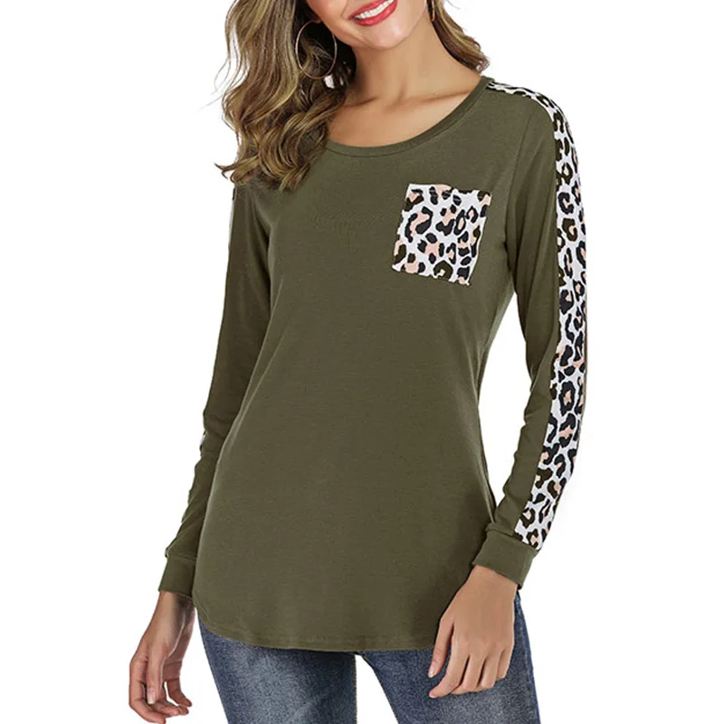 army green 2 С леопардовым принтом в стиле пэчворк с круглым вырезом футболка с длинным рукавом Осенне-зимняя Дамская обувь повседневные футболки пуловер Футболка женская одежда - Цвет: army green 2