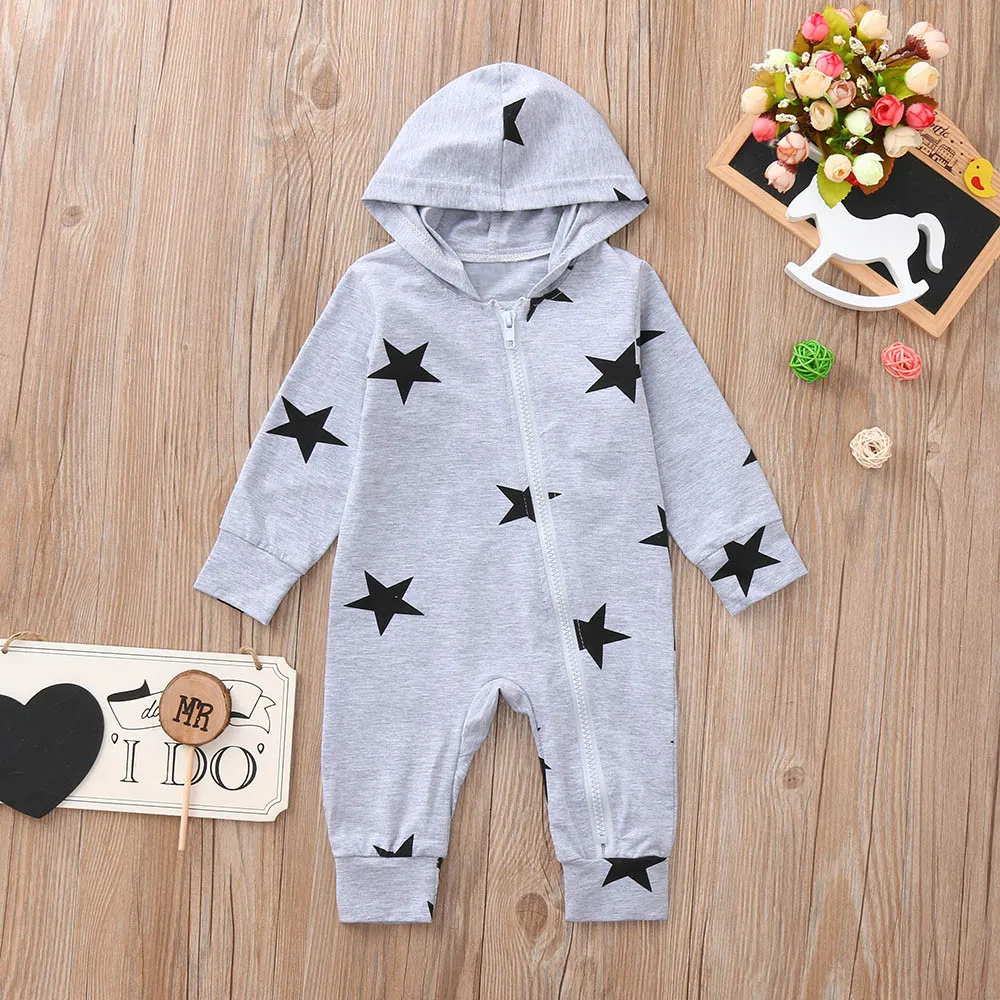 Newborn Infant Baby Girls Boys Stars Print Hooded Zipper Romper Jumpsuit Outfits Spring Brand New Fashion Newborn Jumpsuits