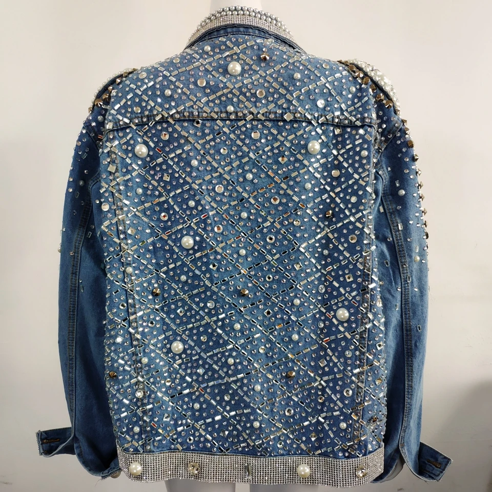 Silver Rhinestones Denim Coat Jacket 