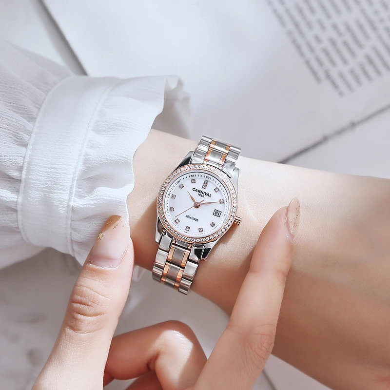 CARNIVAL Brand Fashion Watch for Women Ladies Luxury Stainless Steel Calendar Quartz Wristwatch 30m Waterproof 2023 Reloj Mujer
