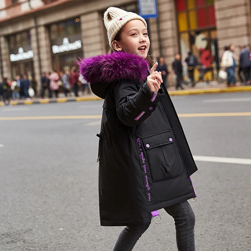 Зимнее пальто для родителей и детей до-30 градусов, куртка-пуховик Детская длинная парка меховая верхняя одежда с капюшоном для мамы и дочки - Цвет: Черный