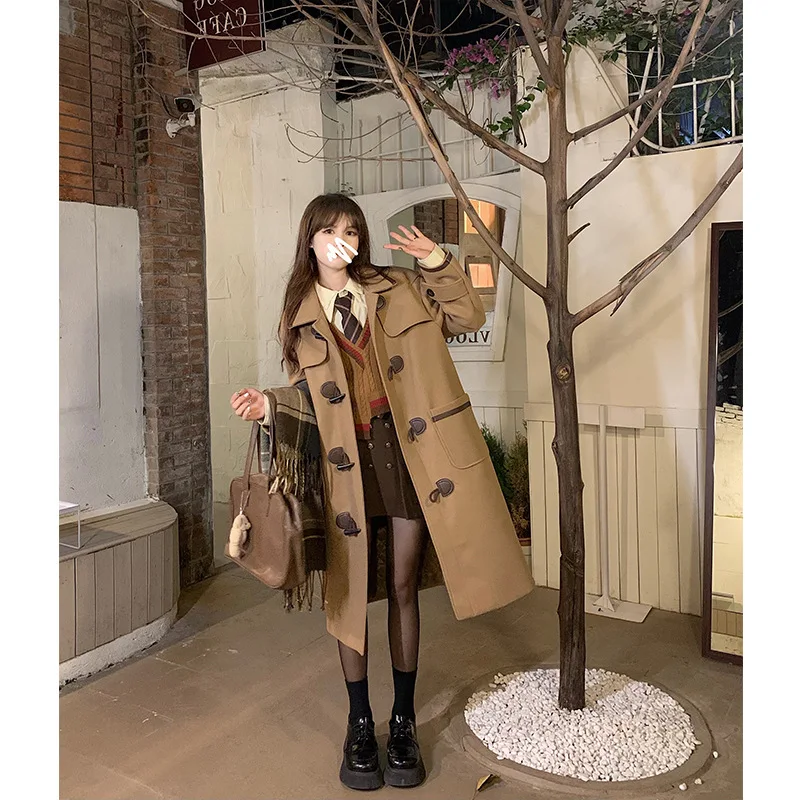 Woolen Horn Button Coat Women's Winter Loose Lapels Quilted Woolen Coat