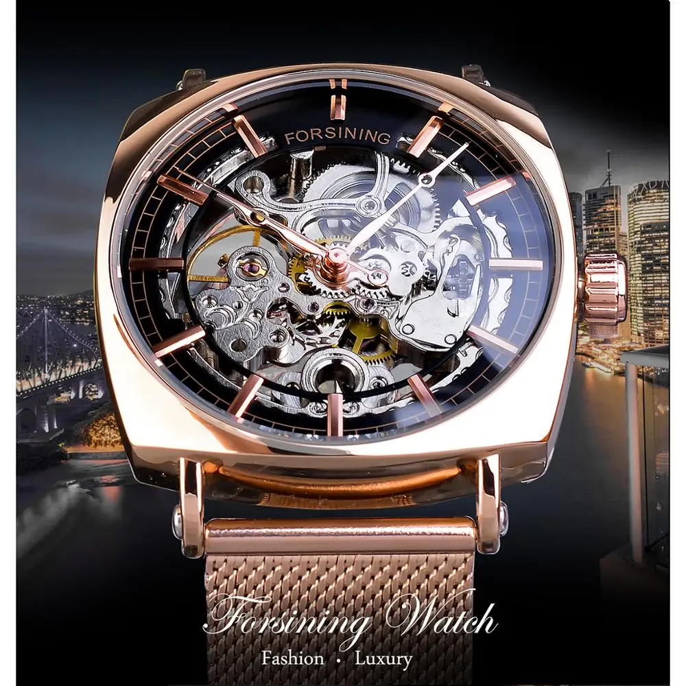 Forsining розовый Золотой квадратный мужские механические часы Прозрачный Скелет стальной сетки группа одежда-унисекс автоматические часы наручные часы