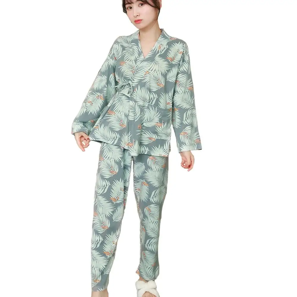 Японское кимоно и ветрозащитная пижама из 3 предметов, кардиган на шнуровке с v-образным вырезом, домашний костюм ханбок, топ с длинными рукавами+ брюки+ маска для глаз - Цвет: Зеленый