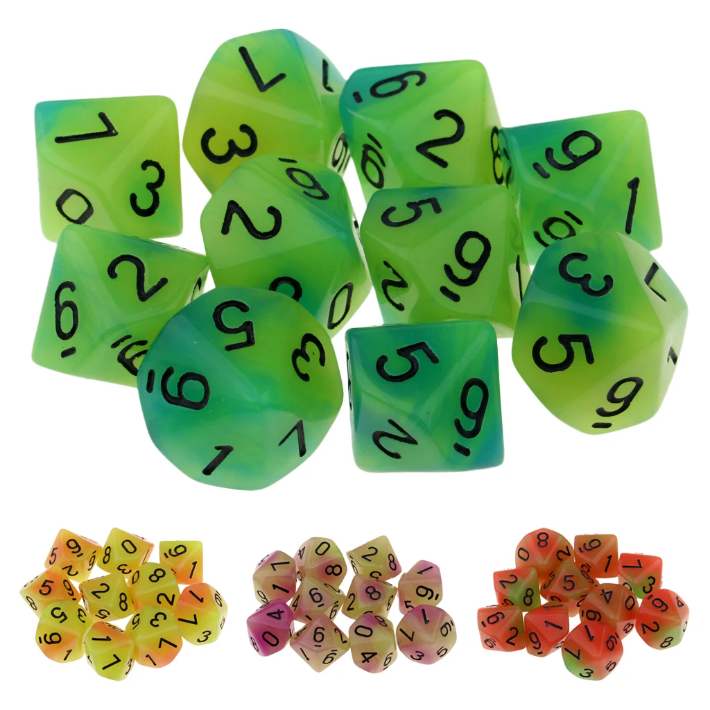 Tabletop Game 10pcs Dungeons Dragons Dice D10 D&D Luminous 1.6cm Multi Dice Set Night Luminous Dice Set