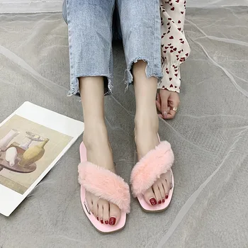 

fashion Women Home Slippers with Faux Fur Fashion Warm Shoes Woman Slip on Flats Female Slides Black Pink