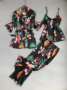 

2019 New 3 PCS Women Pajamas Sets Sexy Sling Pajamas Sleep Pants Silk Satin FlowerPrint Nightwear Negligee Sleepwear Pyjamas