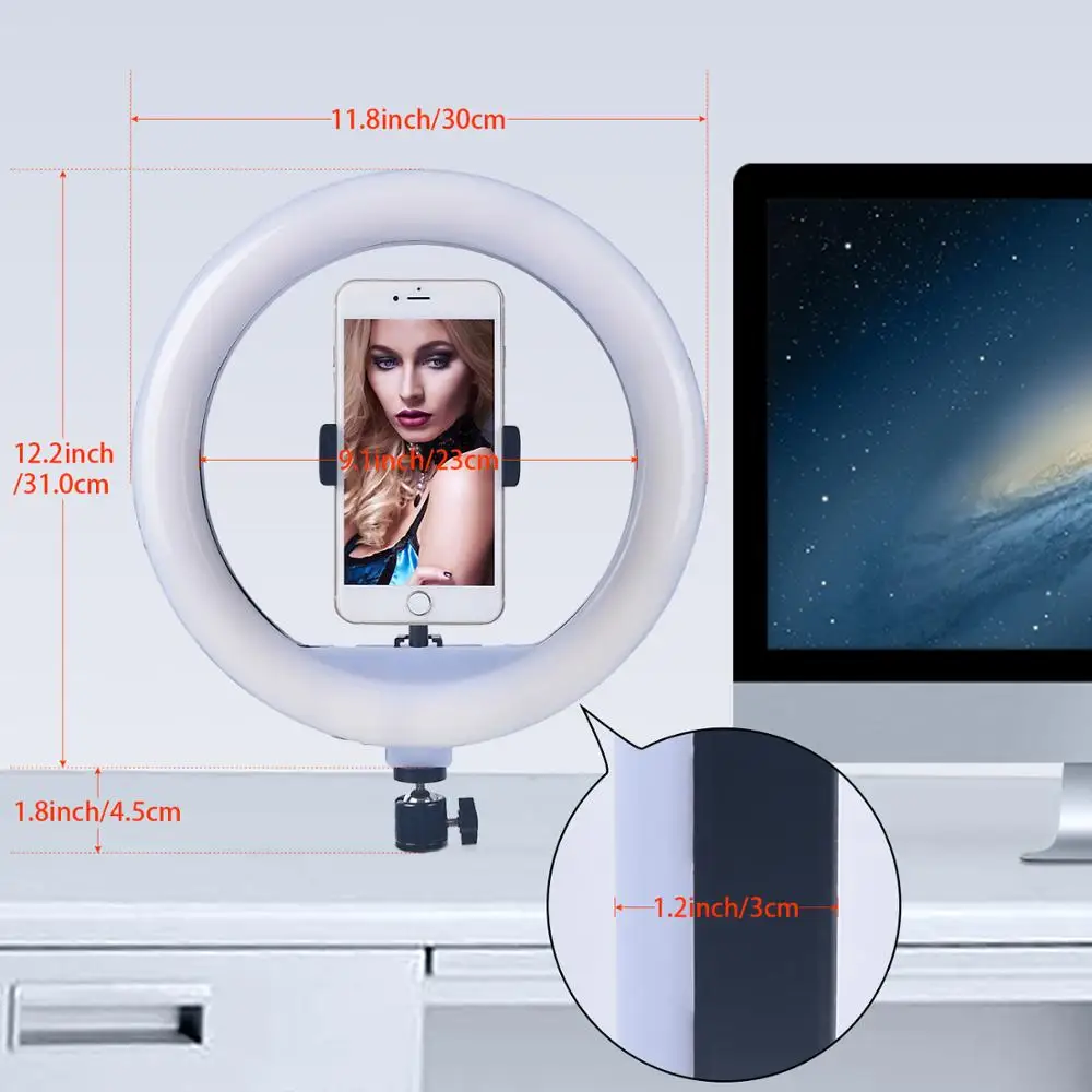 FOSOTO 30CM Photography LED Selfie Ring Light 3000K-5800K Dimmable Lamp with 1.6m Tripod Remote For Makeup Studio Phone Live