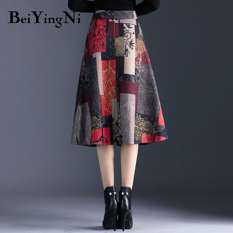 Beiyingni Зимняя юбка для женщин, большие размеры, винтажные юбки с высокой талией, юбка с цветочным принтом, Офисная Женская юбка Saia Faldas