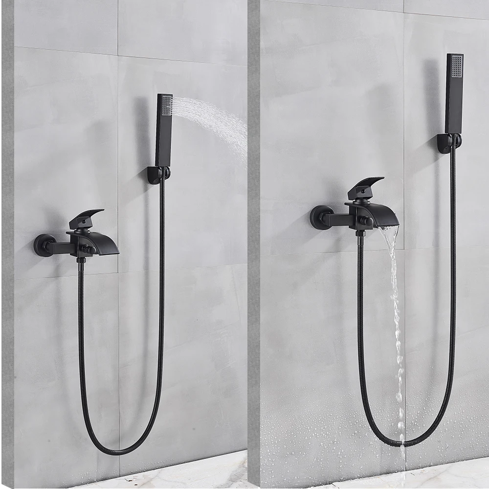 Golden Bathtub Faucet Brass Wall Mounted Waterfall Tub Spout Bathroom Shower Faucets Crane With Handshower Cold Hot Mixer Taps 4