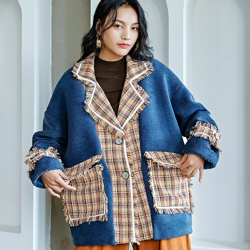 

LANMREM 2020 New Lamb Hair Stitching Rough Woolen Coat Spring Original Women's Plaid Plush Warm Top PB777