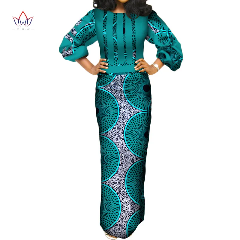 BRW летние африканские хлопковые платья для женщин с О-образным вырезом длинное платье Bazin Riche Макси платье с длинным рукавом Размер Pius WY3387 - Цвет: 15