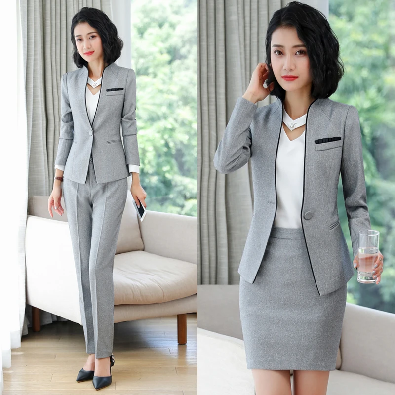 

IZICFLY Apring Autumn Trouser And Jacket Suit Women Work Wear Elegant Professional Business Ladies Office Pant Gray Blazer Set