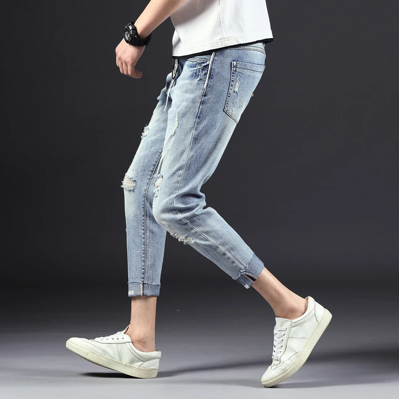 Deals Men Jeans Stretch Destroyed Ripped Men's Mid-rise Tight-leg Stretch Crop Jeans Design Fashion Ankle Zipper Skinny Jeans For Men