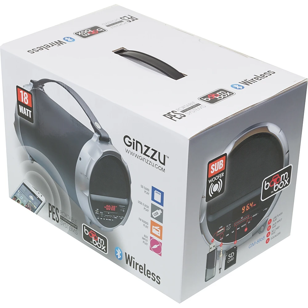 Колонка порт. Ginzzu GM-886B черный 18W 2.0 BT/3.5Jack/USB 3000mAh