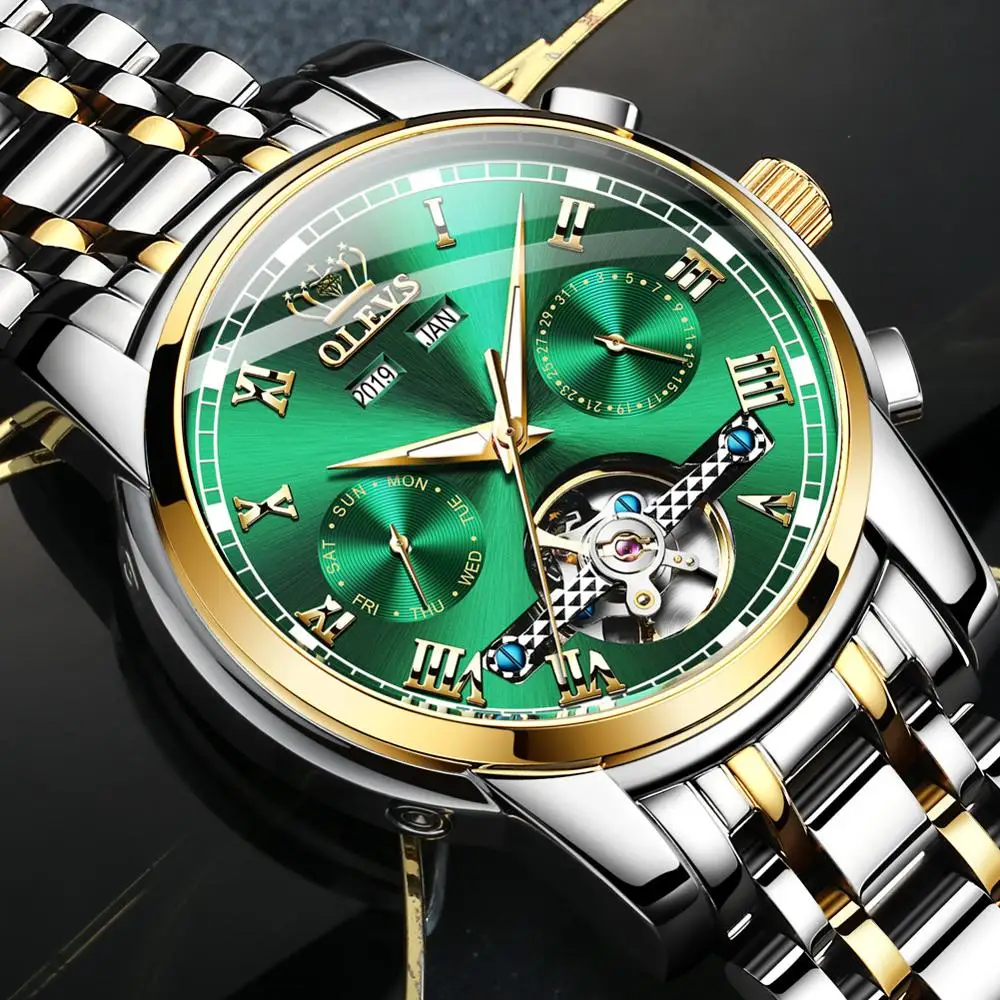 

OLEVS high quality men's mechanical watches luxury Flywheel multi-function green water ghost Waterproof strap 22mm Wristwatch