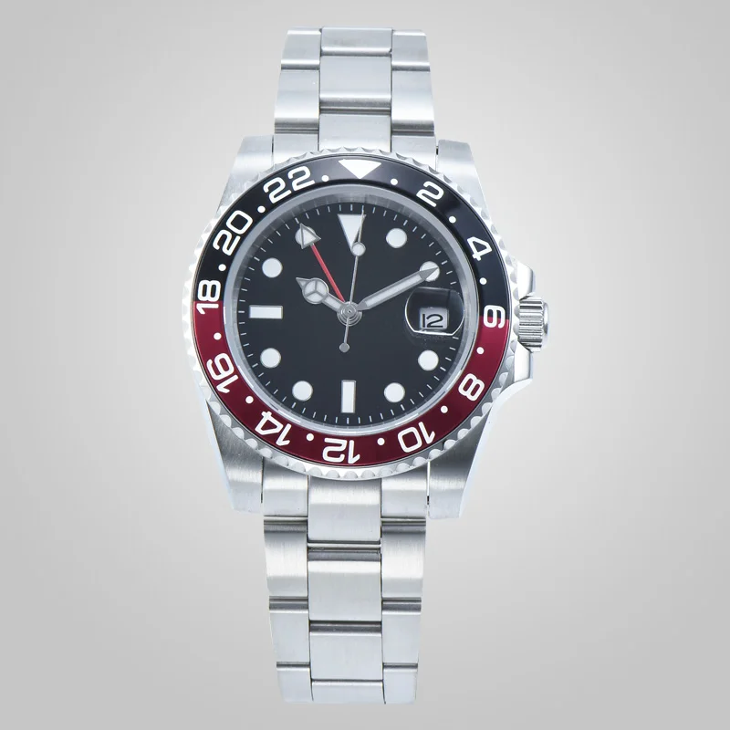 Автоматические часы 40 мм GMT красная и черная рамка сапфировое стекло стерильный