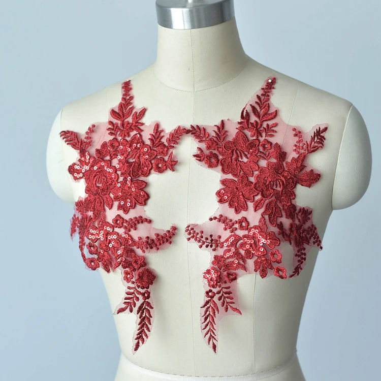 1Pair/ 2pcs Burgundy Red Camel Sequins Embroidered Lace Applique Trim Sewing Collar for Wedding Dress DIY Costume Show 36X23CM | Дом и сад
