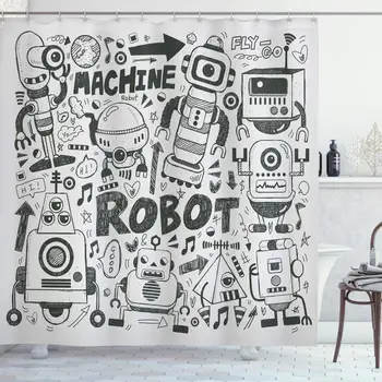 

Robot Shower Curtain, Futuristic Space Doodle Style Androids Sci Fi Pattern Fantasy Machine Art Print, Cloth Fabric Bathroom