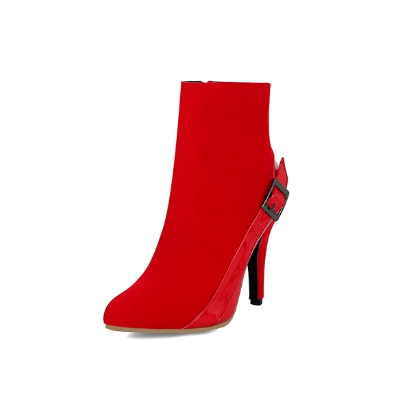 BESCONE/пикантные женские ботинки до середины икры с острым носком; зимняя обувь ручной работы из микрофибры на тонком каблуке; Базовая Пряжка; женские ботинки; BM321 - Цвет: red