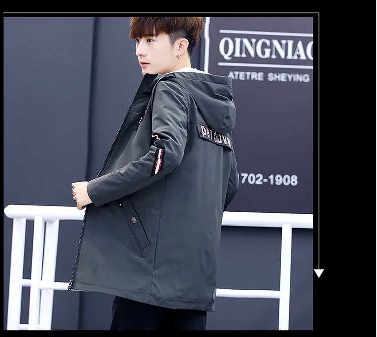 Men Medium-length New Style plus Velvet Jacket Korean-style Slim Fit Teenager Warm Trench Coat Tops Hat Men's