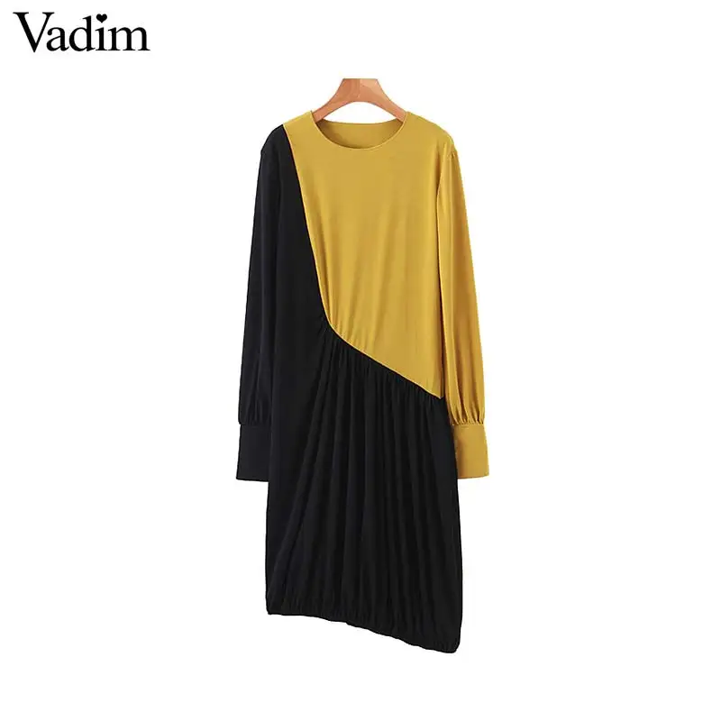 

Vadim women retro patchwork midi dress long sleeve pleated female stylish vintage stretchy mid calf dresses vestidos QC810