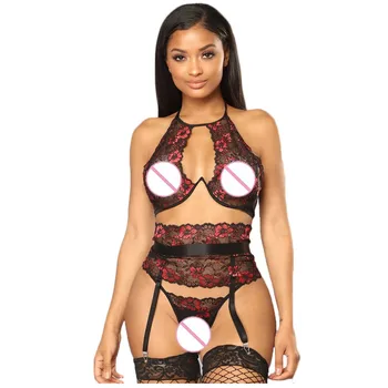 

top selling in Women Sexy Embroidery Lingerie Plus Size Underwire Hollow Bra Panty Garter Set Support Wholesale and Dropshipping