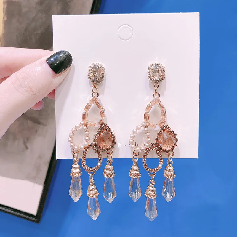 Fashion Korean Exaggerated Personality Crystal Pendant Earrings Elegant for Women Rhinestone Earrings Jewelry - Окраска металла: Champagne