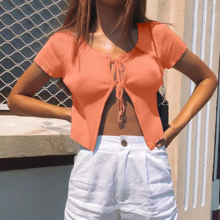 Casual Short Sleeves Design tshirt Women Streetwear Style Cotton Midriff Cardigan Sexy Women Clothing Designer 2020 Summer New