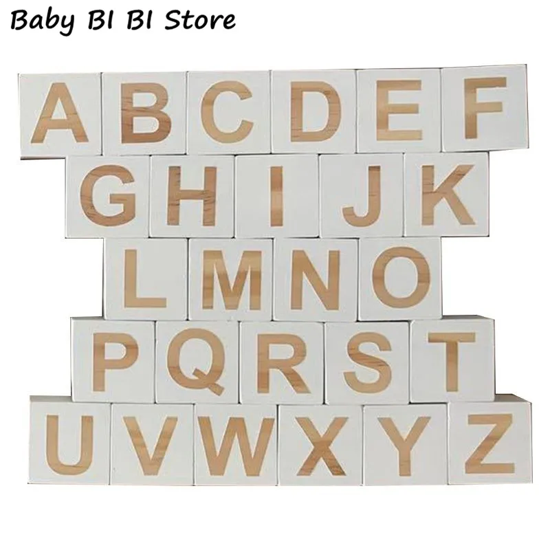 1 Set Home Crafts Solid Wood 26 English Alphabet Square Cube Block Baby Learning Ornaments Kids Infant Photography Props - Цвет: White