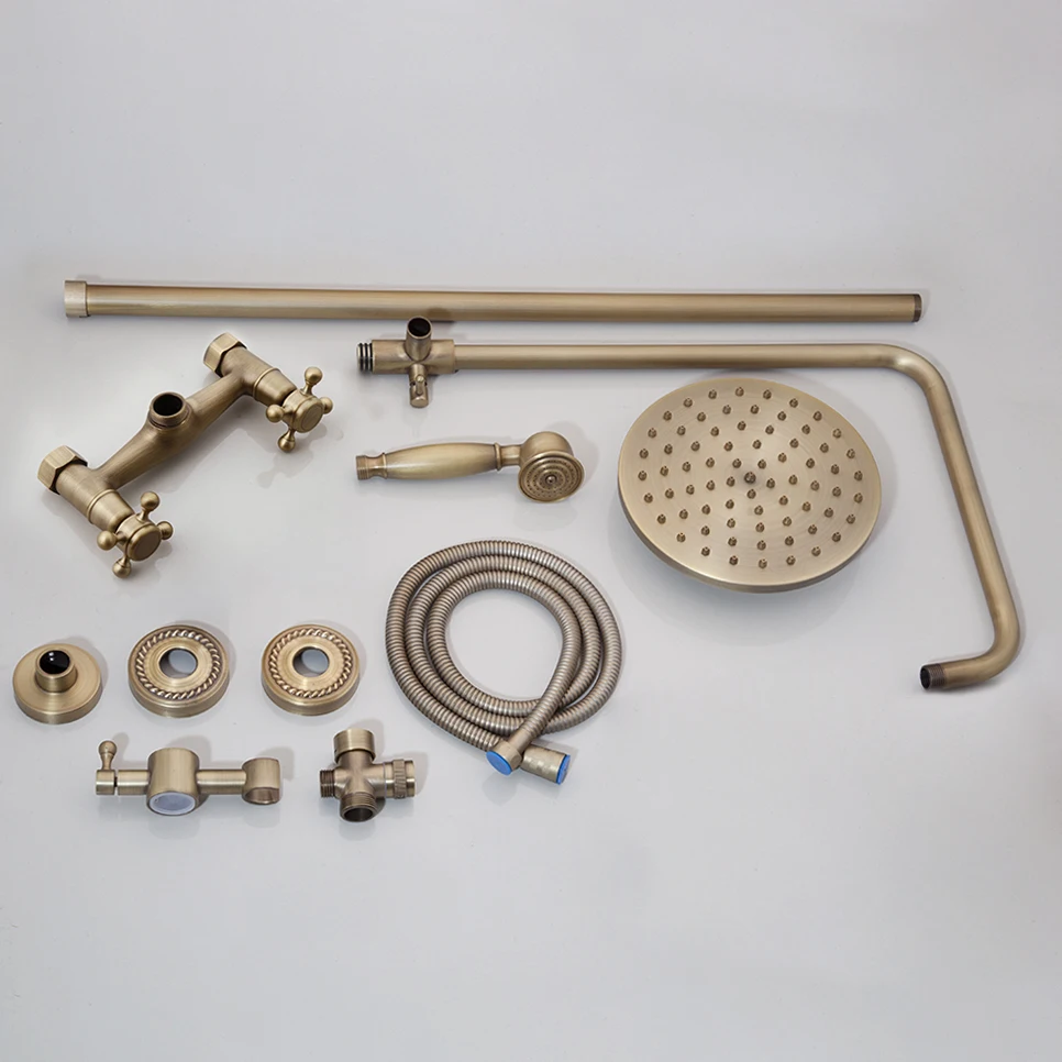 Description Picture 4 of itemMonite Antique Brass Bathroom Shower Faucet Set Wall Mount Rainfall 8 Inch Round Head 2 Functions Hand Shower Mixer Tap w/ Shelf