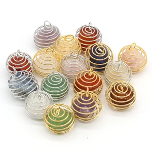 New Natural Stone Agate Charms Spiral Spring Cages Copper Wire Pink Quartz Bead Pendant for DIY Necklace Jewelry Making 20x23mm