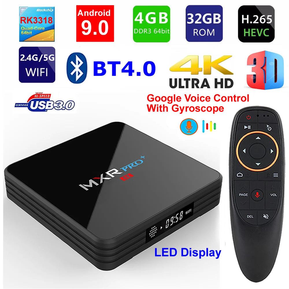 MXR PRO Plus Android 9,0 Smart tv BOX RK3318 Четырехъядерный 4G/32G светодиодный дисплей 3D 4K USB 3,0 BT4.0 2,4G/5G двойная wifi приставка