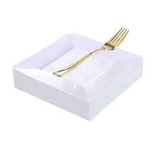 Biały kwadrat plastikowe talerze z Fork-7inch jednorazowe do ciasta talerze-Premium twarde kwadratowe małe talerze przystawek na ślub imprezę tanie tanio leezujun CN (pochodzenie) Z tworzywa sztucznego