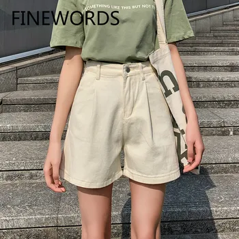 

FINEWORDS 2020 Korean Style Beige Summer Shorts Jeans Casual Denim High Waisted Shorts Hot Pants Zipper Fly Fitness Shorts Women