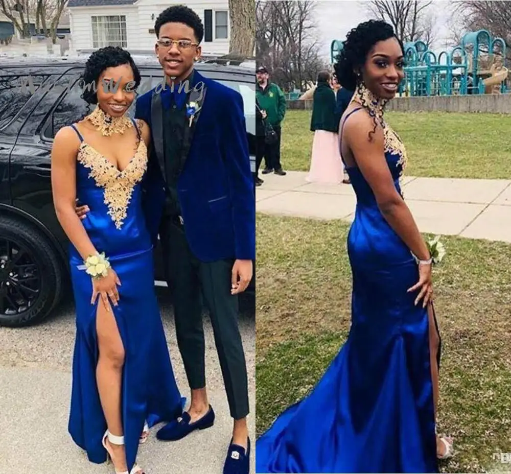 

African Royal Blue Prom Dresses With Gold Appliques Sexy Spaghetti Straps Satin Evening Dress Cheap Slits Formal Party Gowns