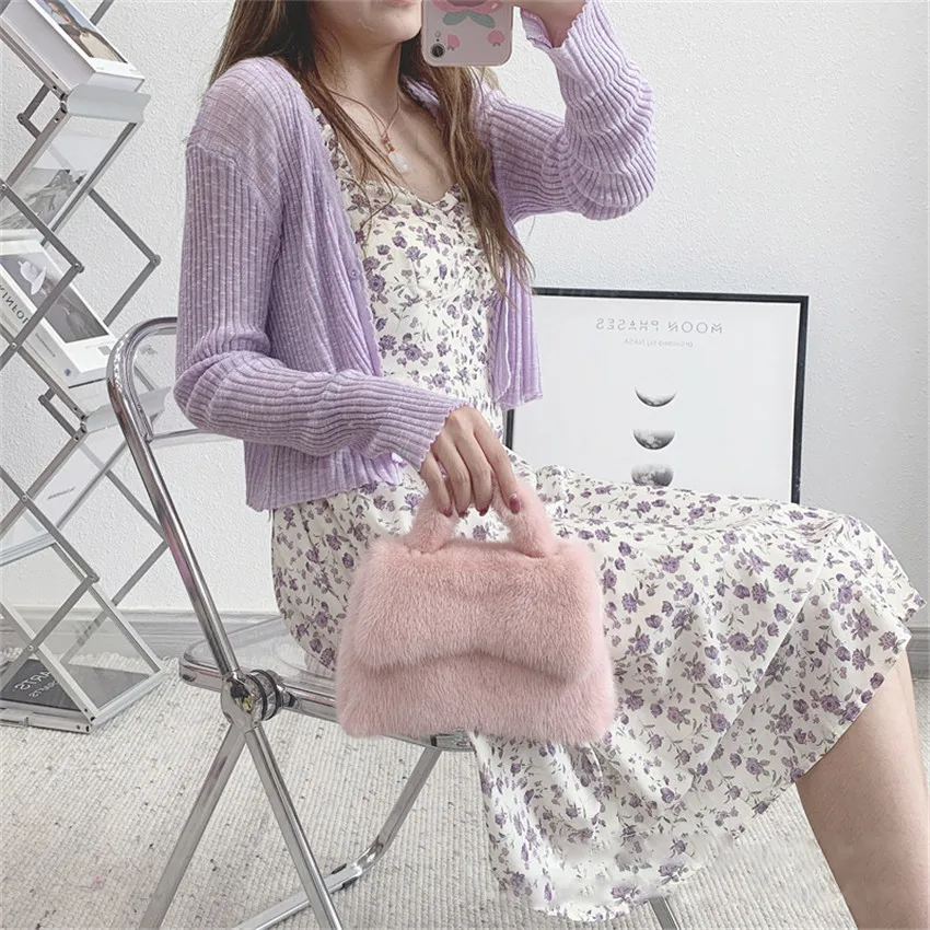 Female Mink Leather Solid Color Plush Casual Lady Handbag Shoulder Fashion Exquisite Shopping Bag_voghion.com