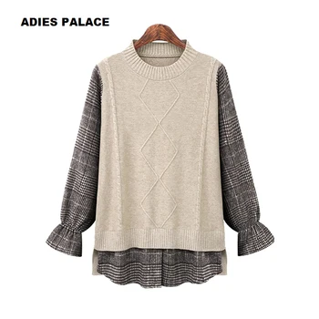 

Sweater women's high-quality fake two-stretch checkered sweater