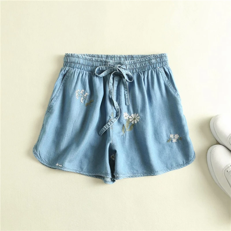 light blue Летние богемные шикарные женские шорты с цветочной вышивкой, богемные джинсовые шорты happie, женские свободные шорты в стиле бохо с эластичной талией - Цвет: light blue